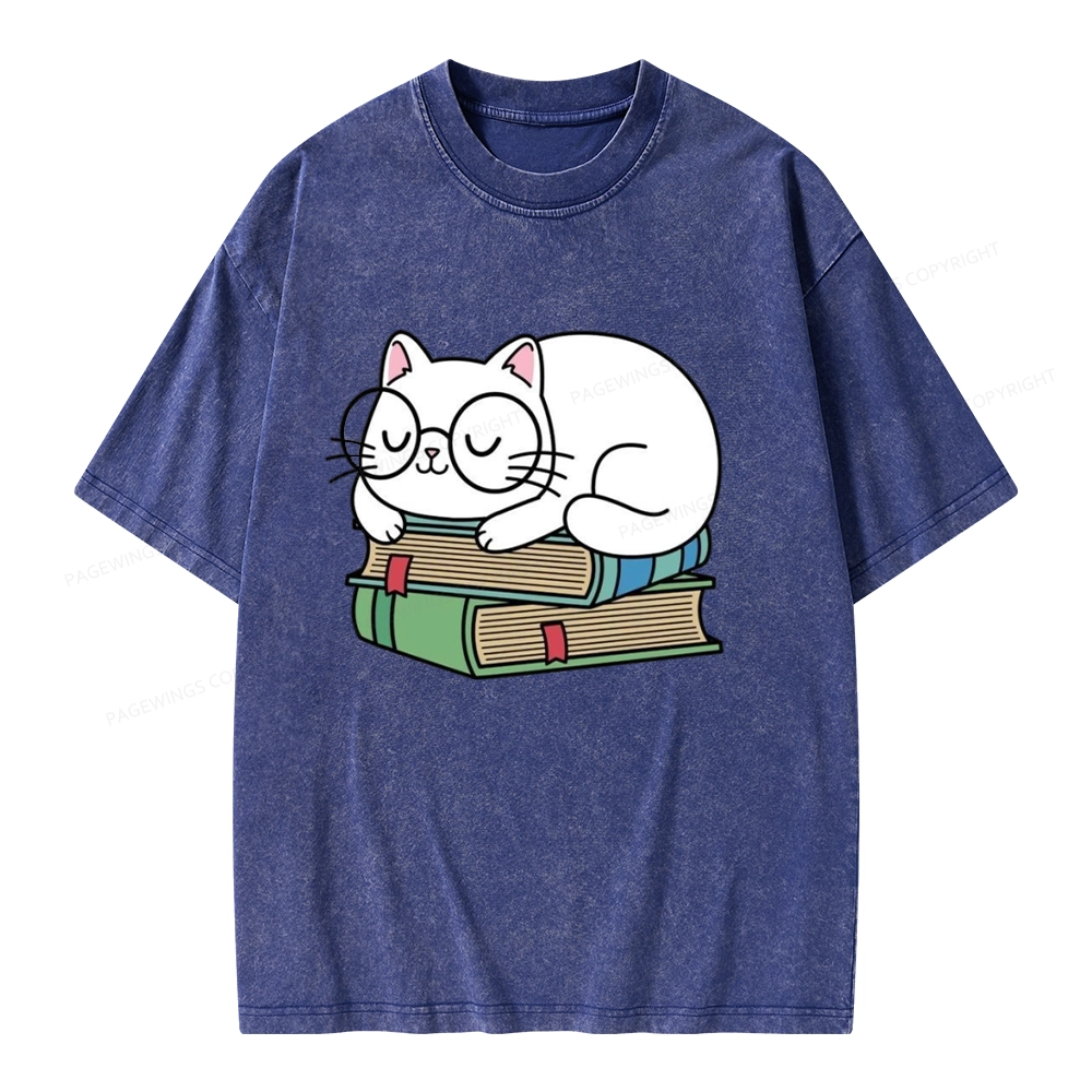 Pagewings Cat Book Reading Unisex Washed T-shirt