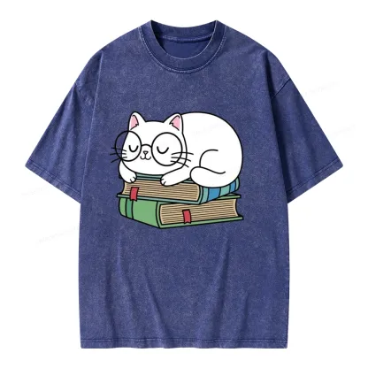 Pagewings Cat Book Reading Unisex Washed T-shirt