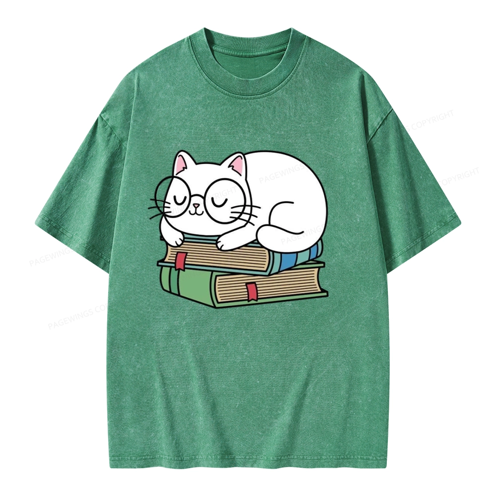 Pagewings Cat Book Reading Unisex Washed T-shirt