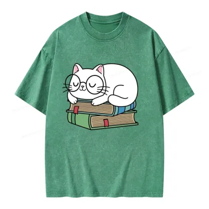 Pagewings Cat Book Reading Unisex Washed T-shirt