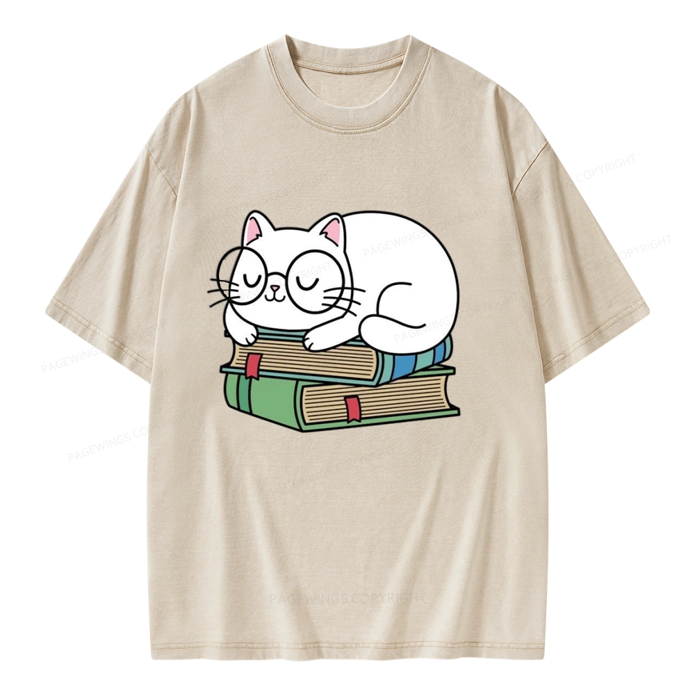 Pagewings Cat Book Reading Unisex Washed T-shirt