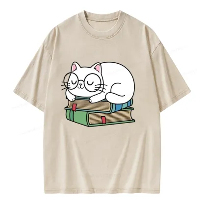 Pagewings Cat Book Reading Unisex Washed T-shirt