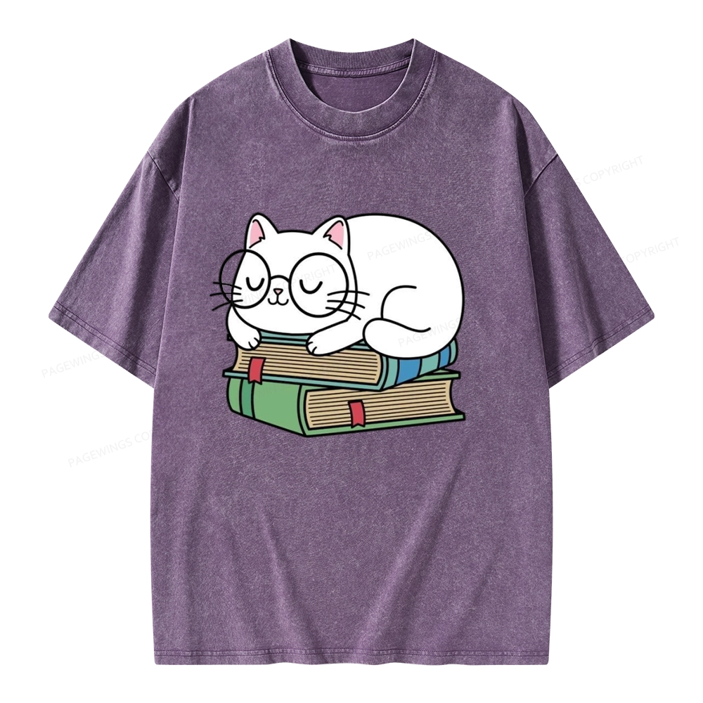 Pagewings Cat Book Reading Unisex Washed T-shirt