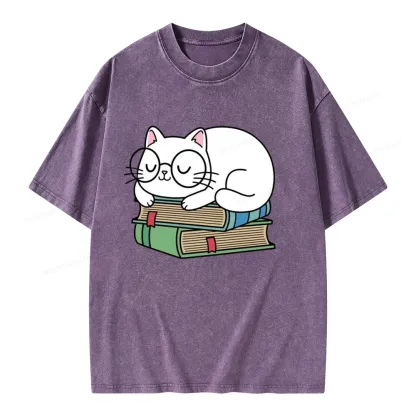 Pagewings Cat Book Reading Unisex Washed T-shirt