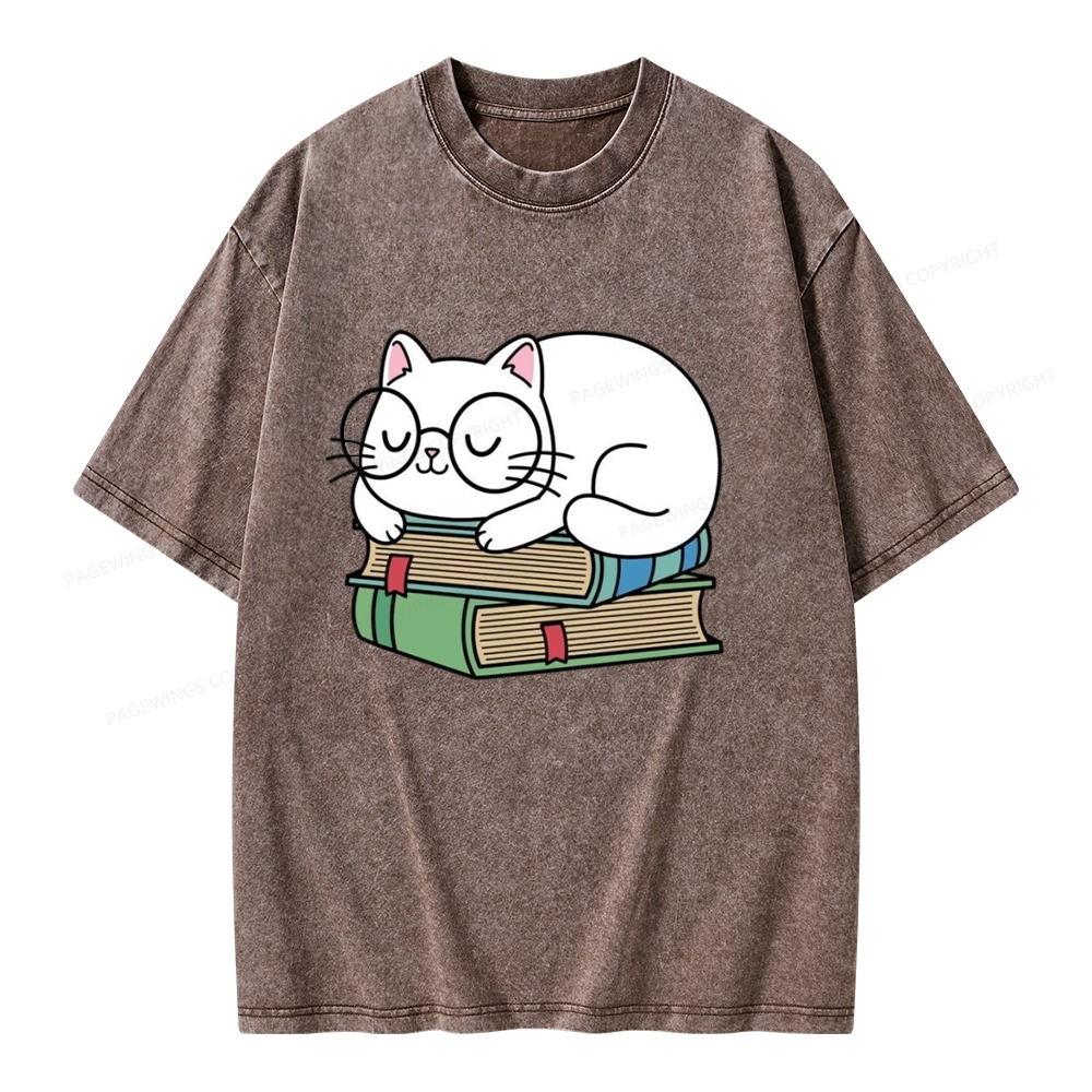 Pagewings Cat Book Reading Unisex Washed T-shirt