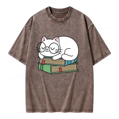 Pagewings Cat Book Reading Unisex Washed T-shirt