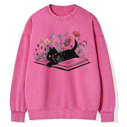 Pagewings Cute Book Cat Unisex Washed Sweatshirt
