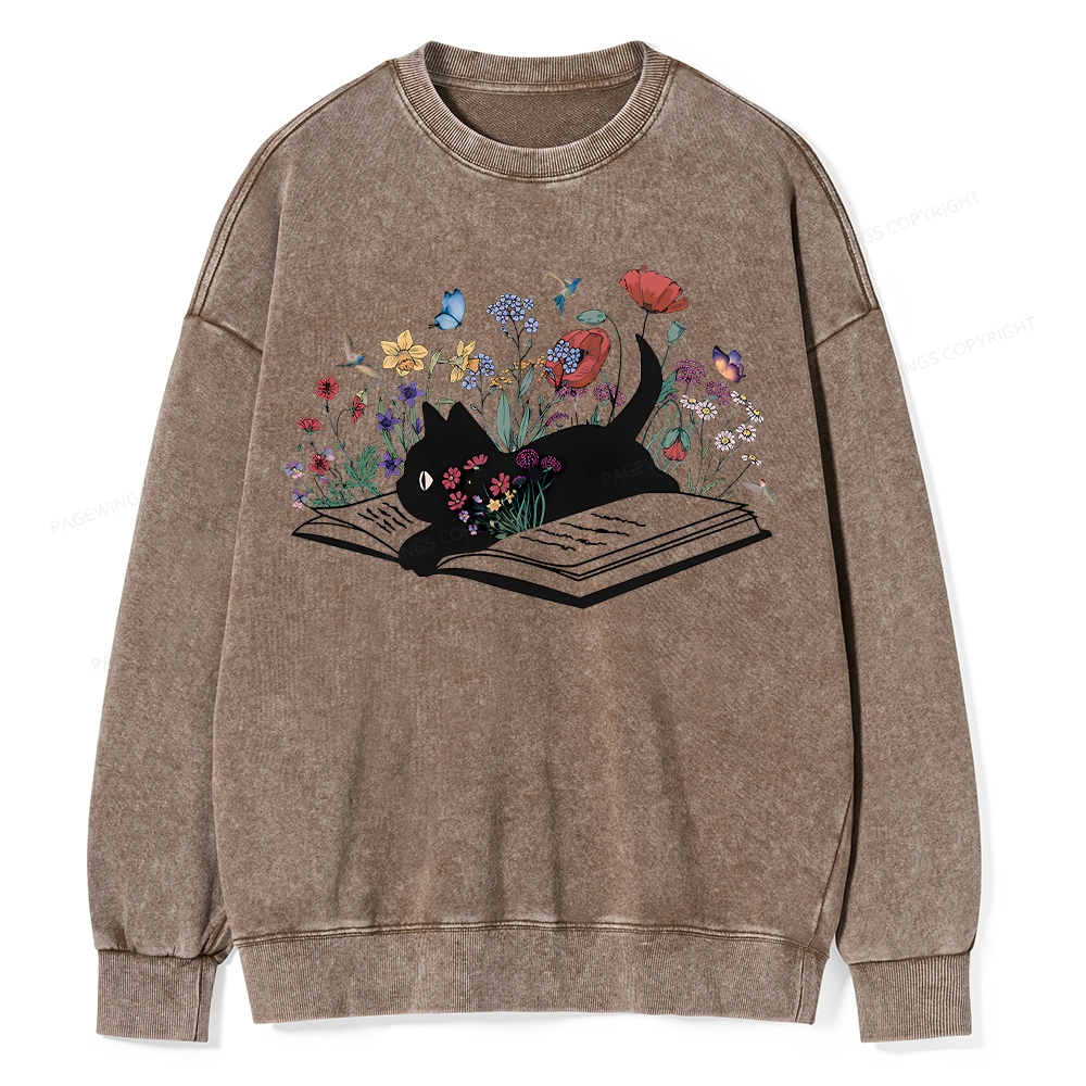 Pagewings Cute Book Cat Unisex Washed Sweatshirt