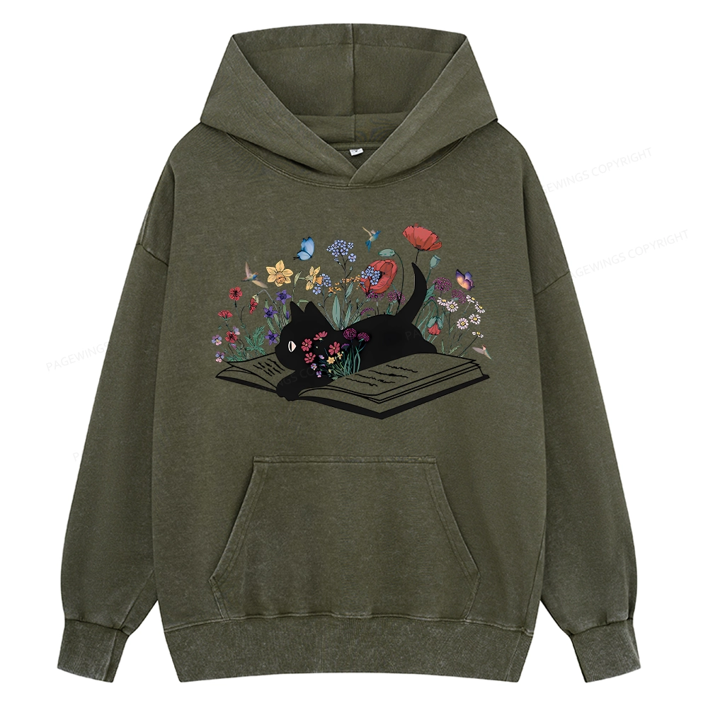Pagewings Cute Book Cat Unisex Washed Hoodie