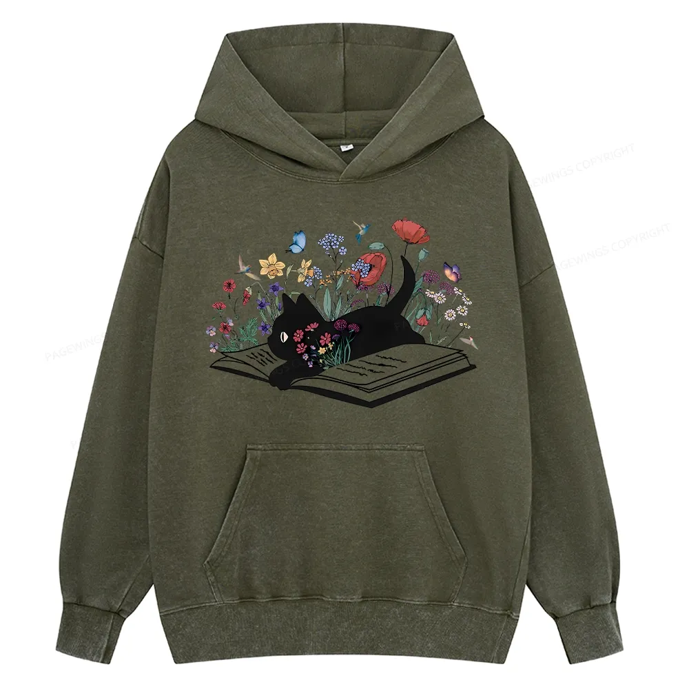 Pagewings Cute Book Cat Unisex Washed Hoodie
