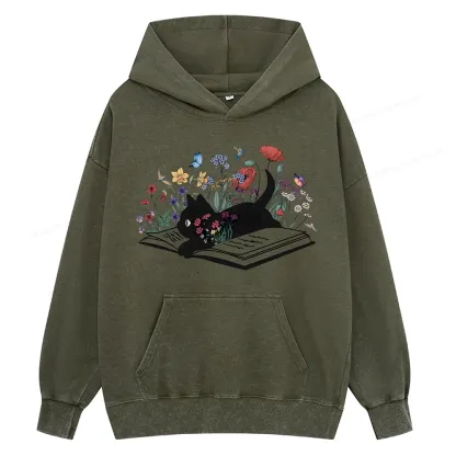 Pagewings Cute Book Cat Unisex Washed Hoodie