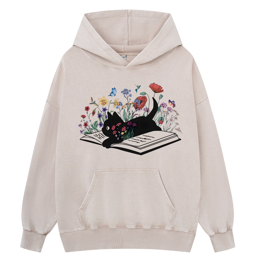 Pagewings Cute Book Cat Unisex Washed Hoodie