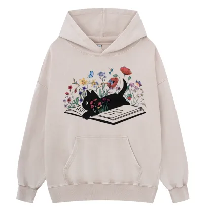 Pagewings Cute Book Cat Unisex Washed Hoodie