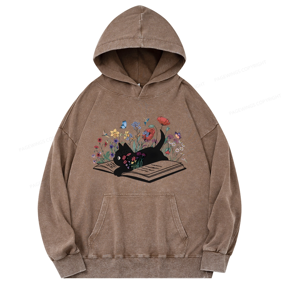 Pagewings Cute Book Cat Unisex Washed Hoodie