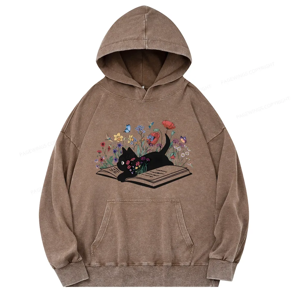 Pagewings Cute Book Cat Unisex Washed Hoodie