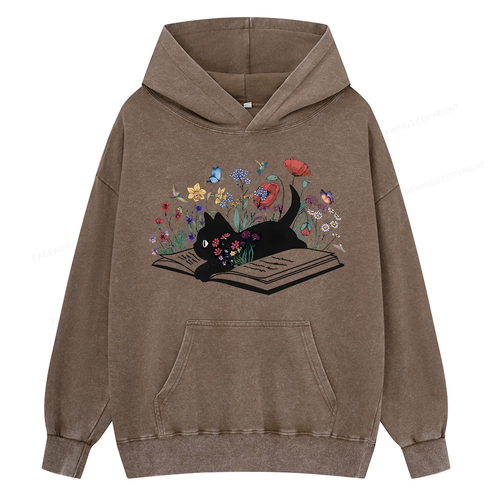 Pagewings Cute Book Cat Unisex Washed Hoodie