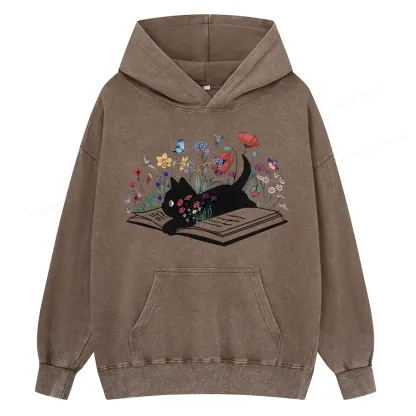Pagewings Cute Book Cat Unisex Washed Hoodie