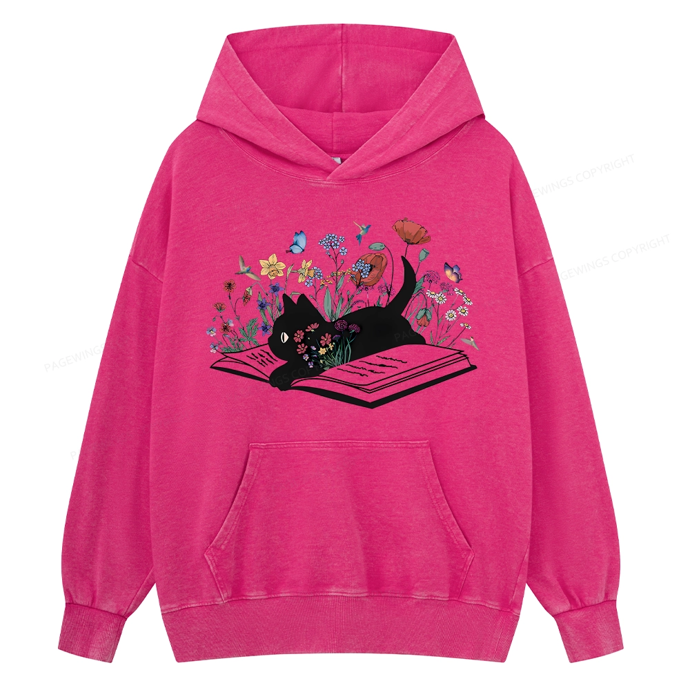 Pagewings Cute Book Cat Unisex Washed Hoodie