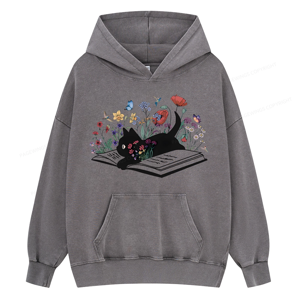 Pagewings Cute Book Cat Unisex Washed Hoodie
