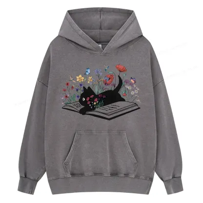 Pagewings Cute Book Cat Unisex Washed Hoodie