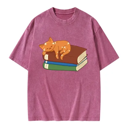 Pagewings Orange Book Cat Unisex Washed T-shirt