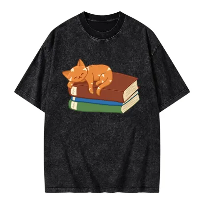 Pagewings Orange Book Cat Unisex Washed T-shirt