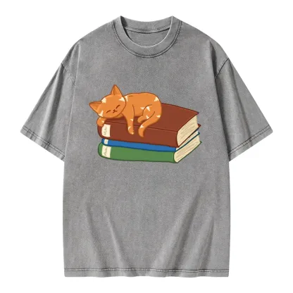Pagewings Orange Book Cat Unisex Washed T-shirt