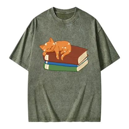 Pagewings Orange Book Cat Unisex Washed T-shirt