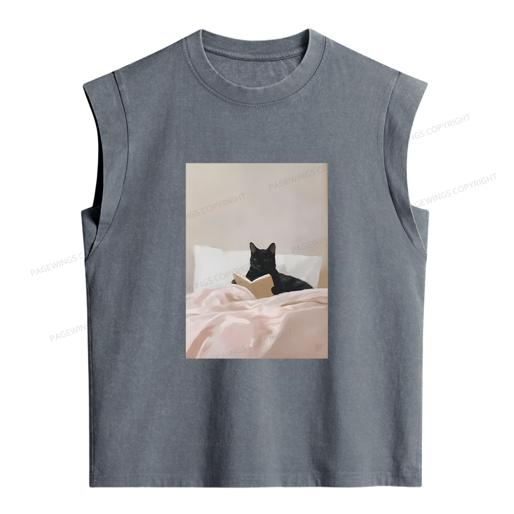 Pagewings Cat Reading in Bed Women's Washed Tank Top