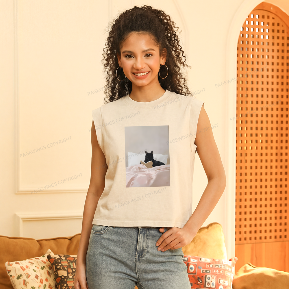 Pagewings Cat Reading in Bed Women's Washed Tank Top