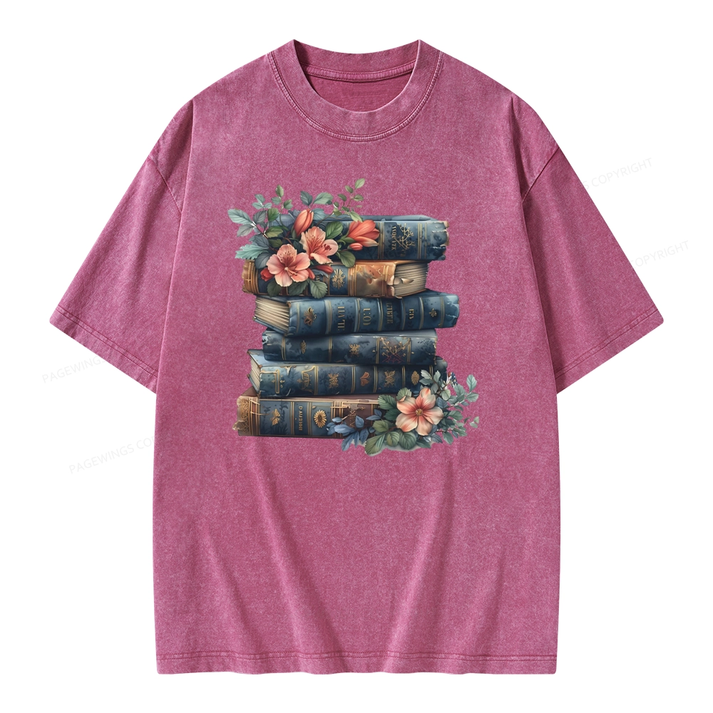 Pagewings Books With Flowers Unisex Washed T-shirt