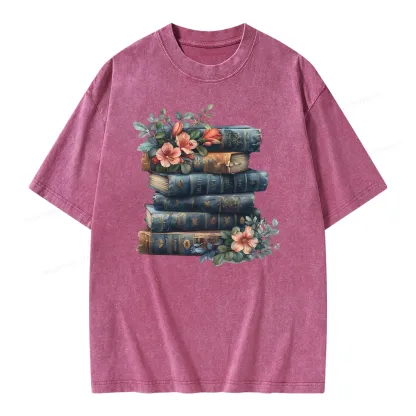 Pagewings Books With Flowers Unisex Washed T-shirt
