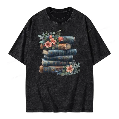 Pagewings Books With Flowers Unisex Washed T-shirt