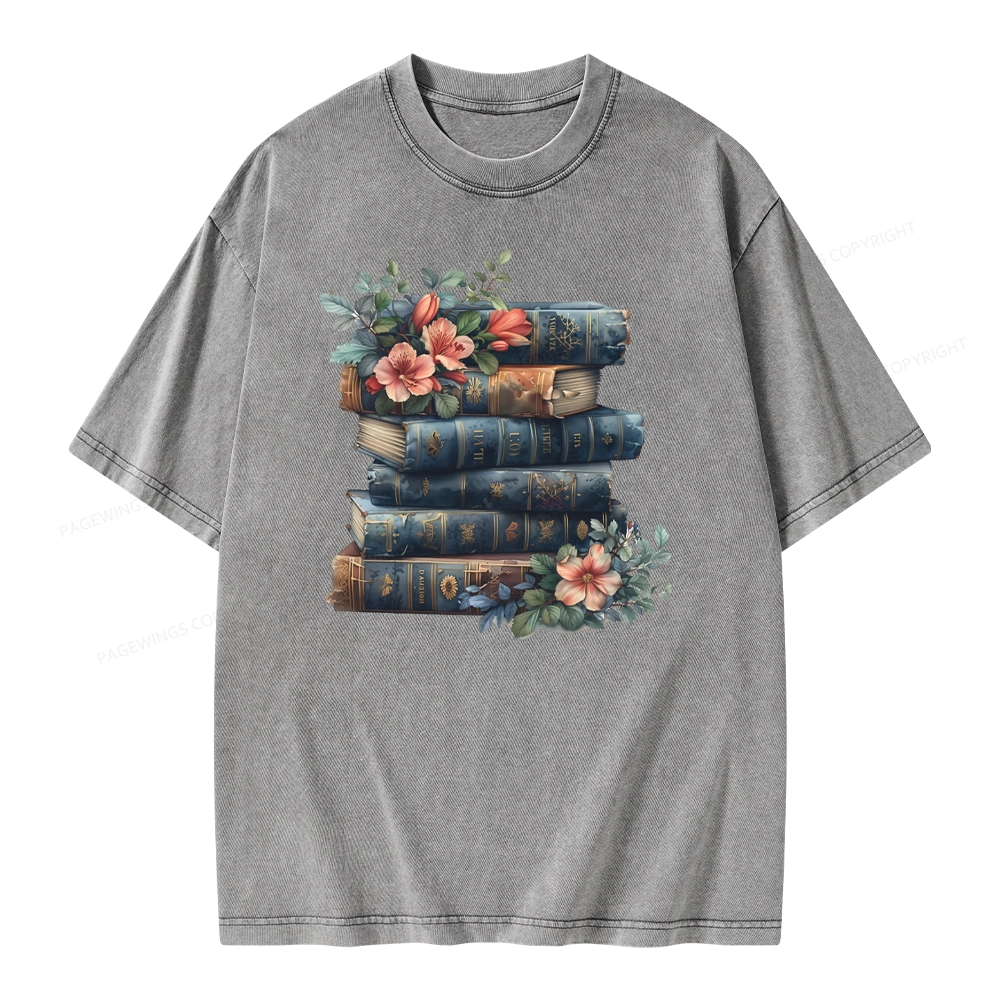 Pagewings Books With Flowers Unisex Washed T-shirt