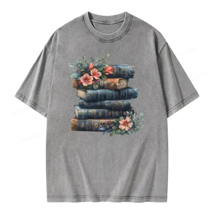 Pagewings Books With Flowers Unisex Washed T-shirt