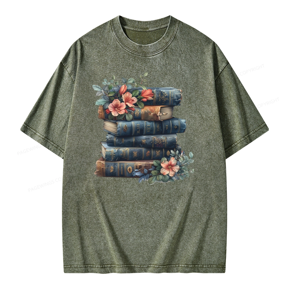 Pagewings Books With Flowers Unisex Washed T-shirt