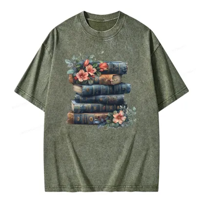 Pagewings Books With Flowers Unisex Washed T-shirt