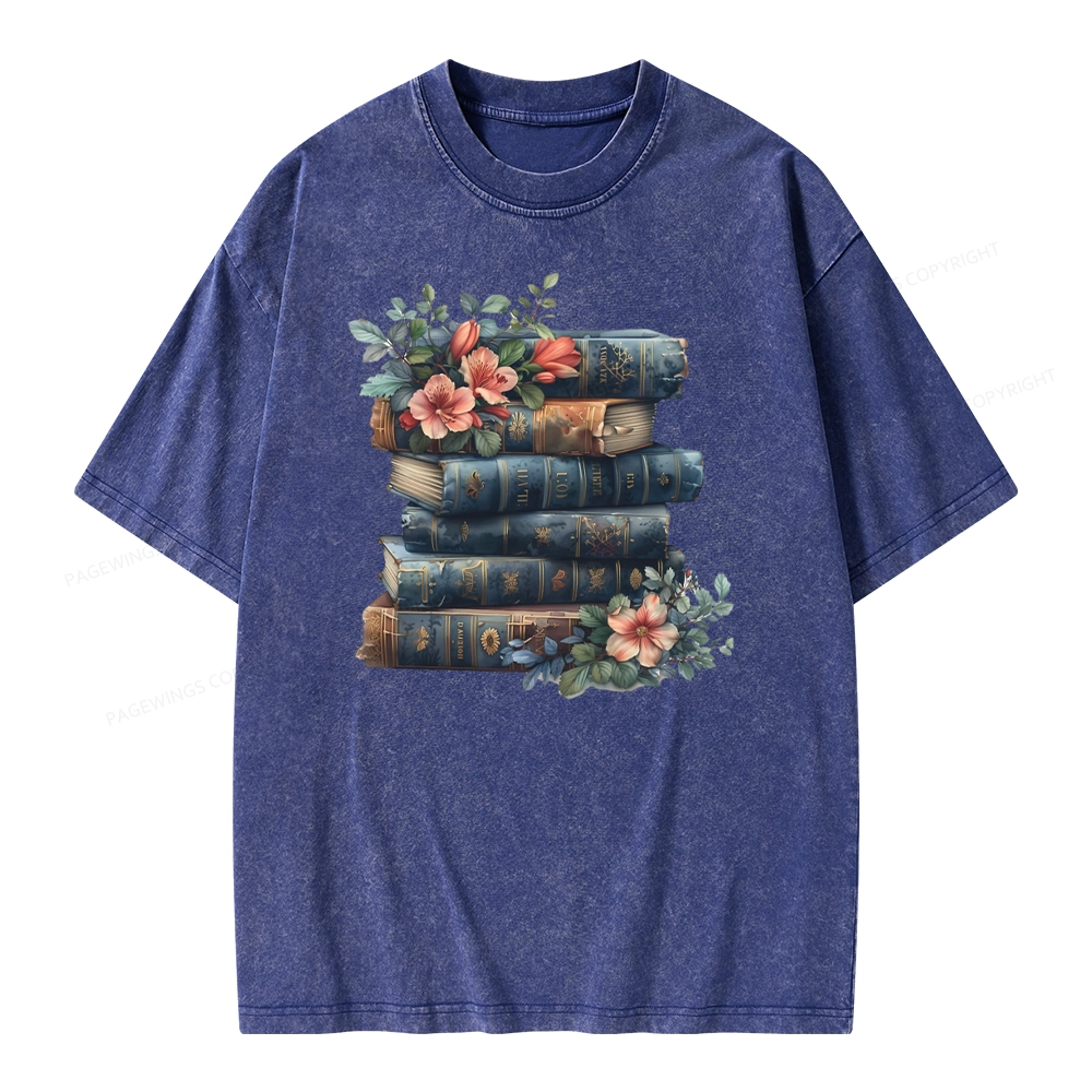 Pagewings Books With Flowers Unisex Washed T-shirt