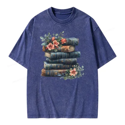 Pagewings Books With Flowers Unisex Washed T-shirt