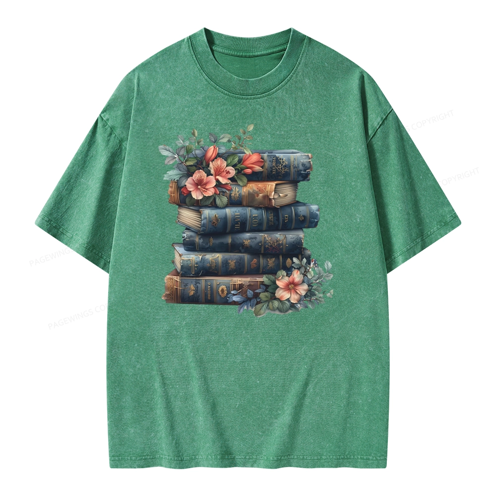 Pagewings Books With Flowers Unisex Washed T-shirt