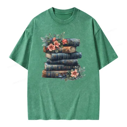 Pagewings Books With Flowers Unisex Washed T-shirt