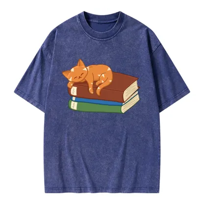 Pagewings Orange Book Cat Unisex Washed T-shirt