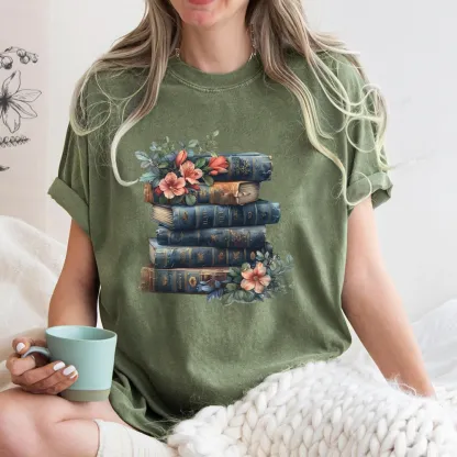 Pagewings Books With Flowers Unisex Washed T-shirt