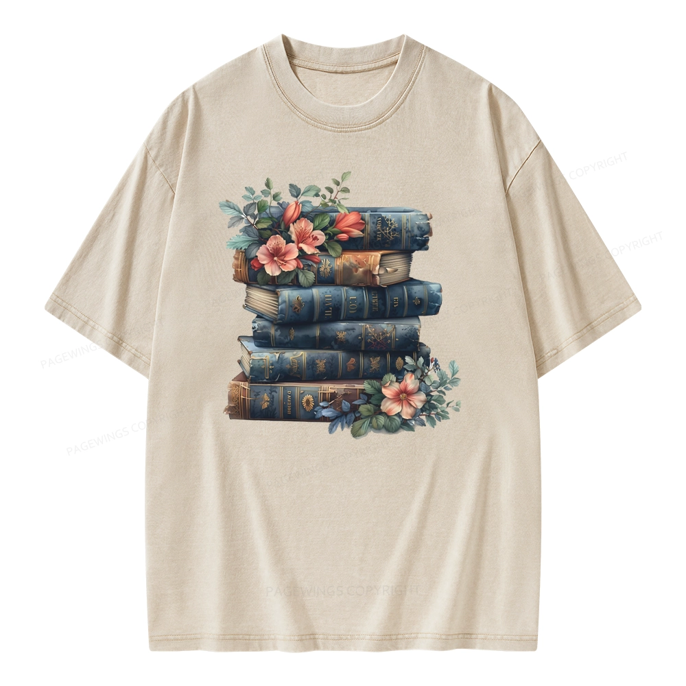 Pagewings Books With Flowers Unisex Washed T-shirt