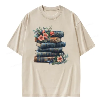Pagewings Books With Flowers Unisex Washed T-shirt