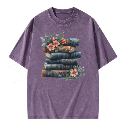 Pagewings Books With Flowers Unisex Washed T-shirt