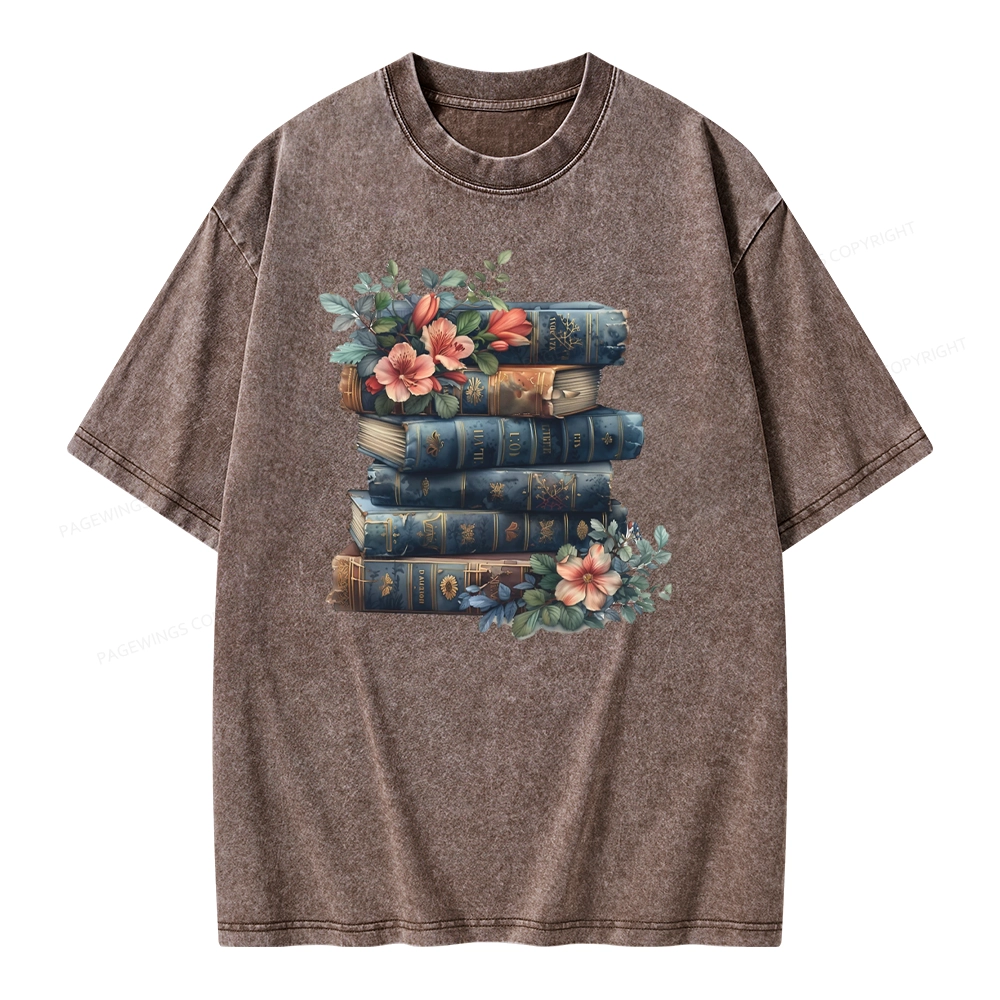 Pagewings Books With Flowers Unisex Washed T-shirt