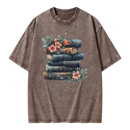 Pagewings Books With Flowers Unisex Washed T-shirt