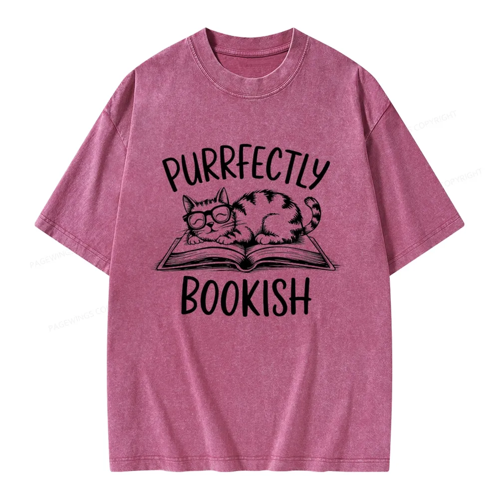 Pagewings Purrfectly Bookish Cat Unisex Washed T-shirt