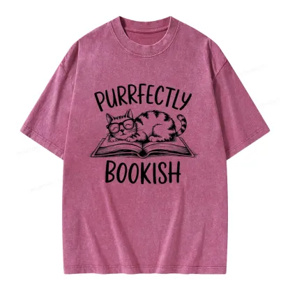 Pagewings Purrfectly Bookish Cat Unisex Washed T-shirt